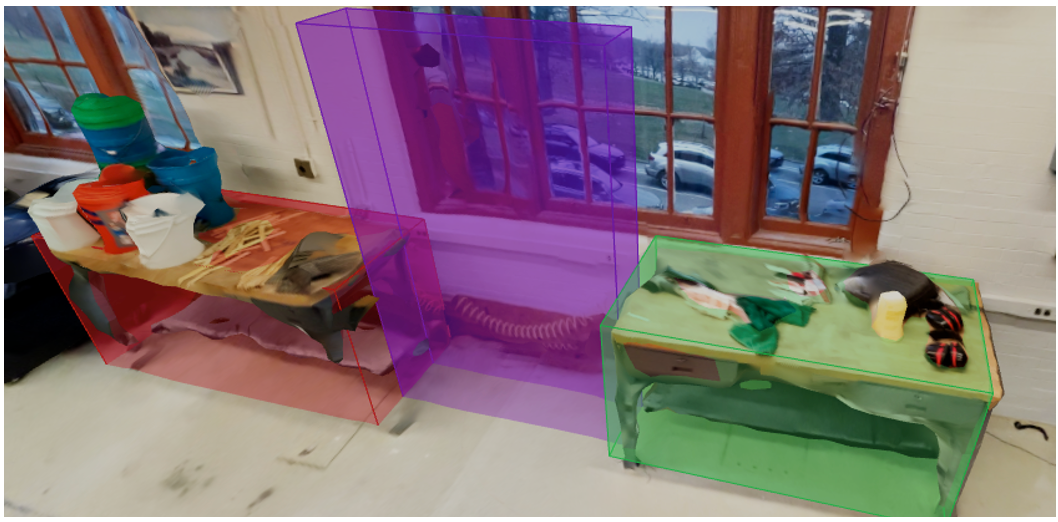 Scene with two tables and a computed bounding box for an IKEA Billy bookshelf between them.