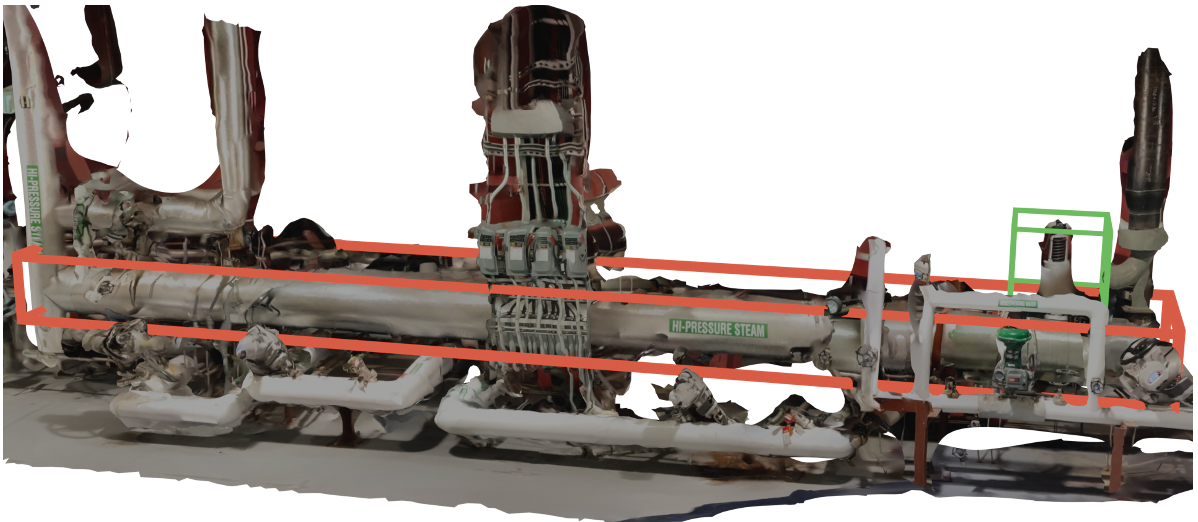 Industrial pipe scene with super-heater outlet highlighted in red and safety valve in green.
